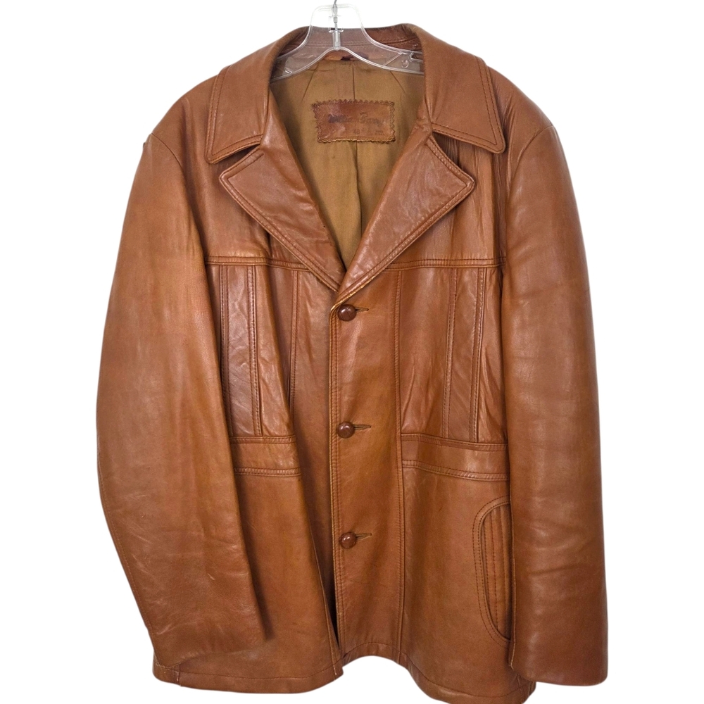 William Barry Vintage Leather Jacket 70s Mens 46 Cognac Brown One Button